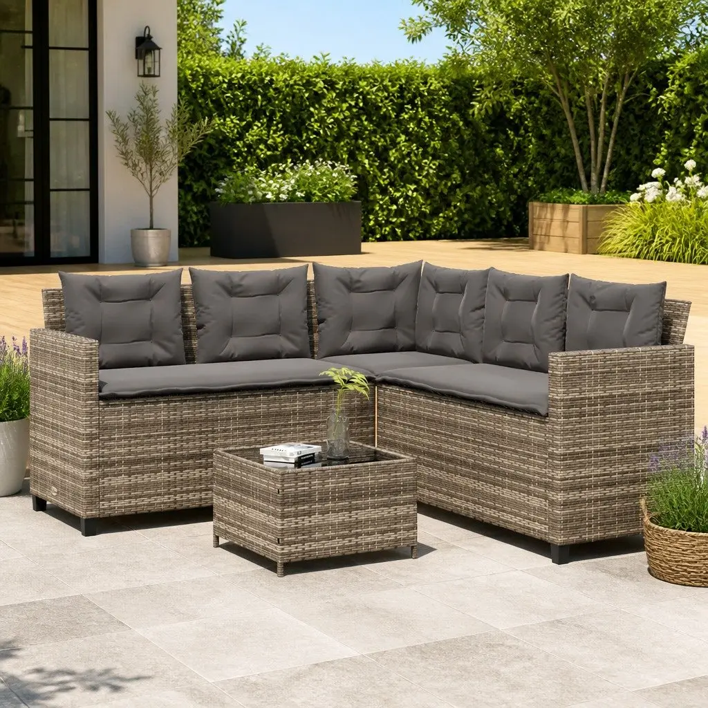 L-Shaped Garden Sofa Set with Table Grey Poly Rattan Outdoor Patio Furniture