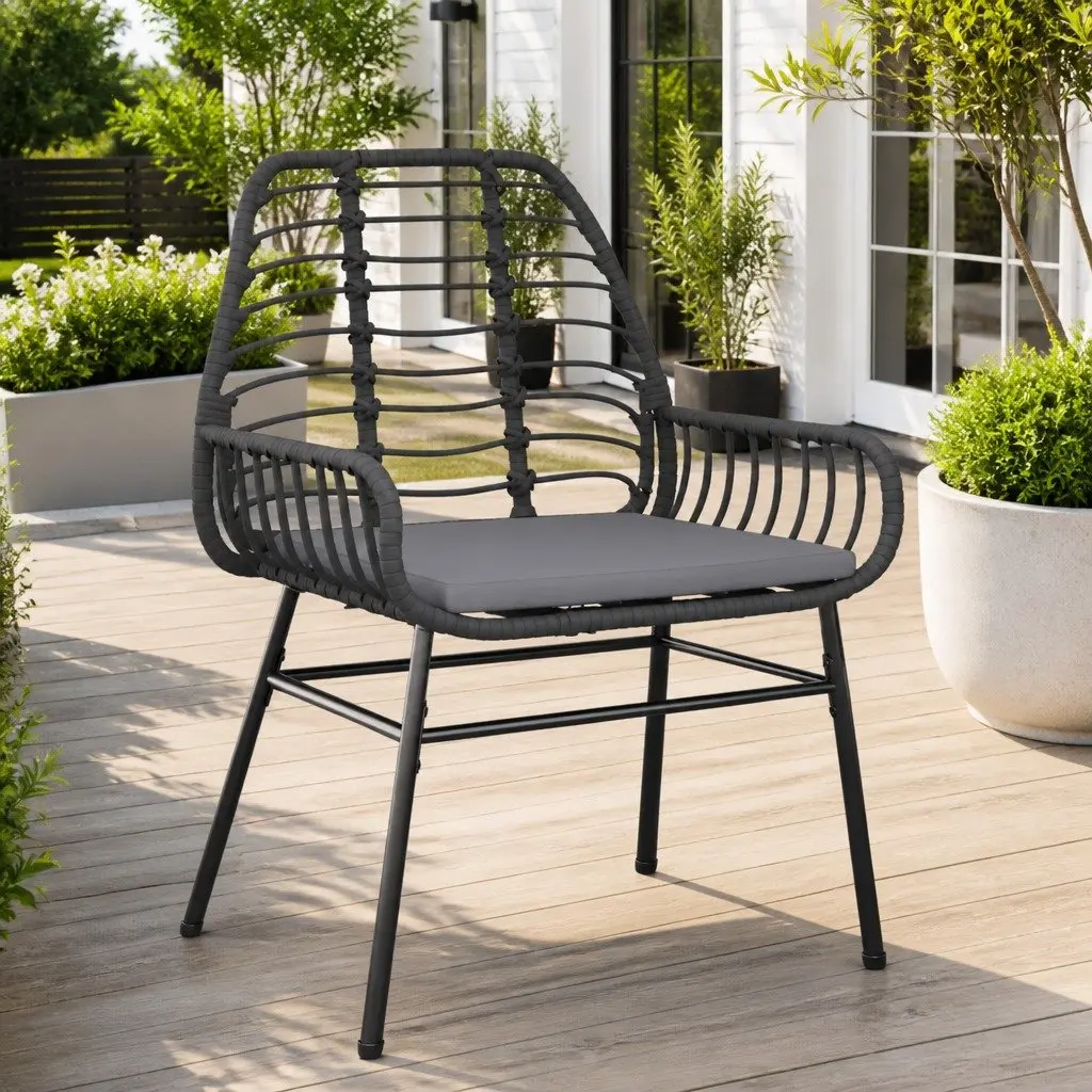 Black Poly Rattan Garden Chair Set with Cushions (2 pcs)
