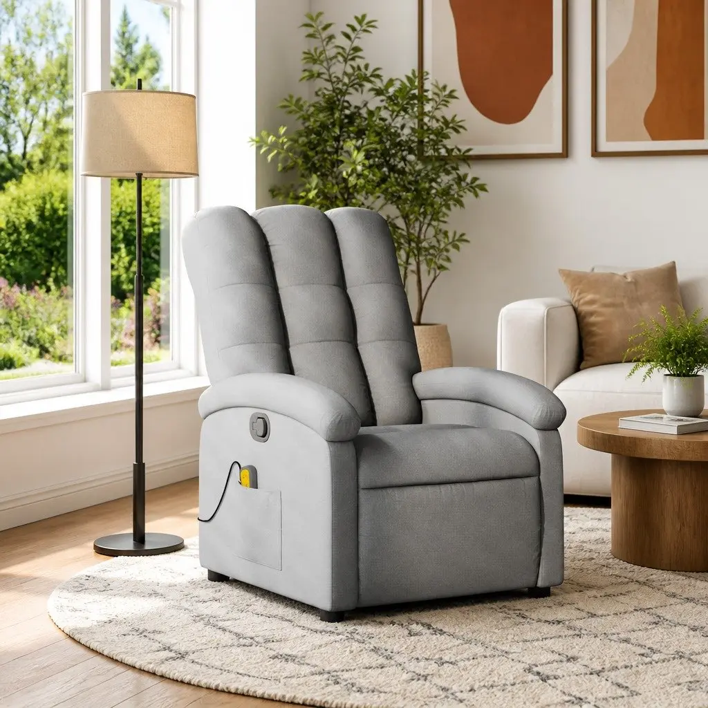Massage Recliner Chair for Home Light Grey Fabric Manual Recline 6 Vibration Points