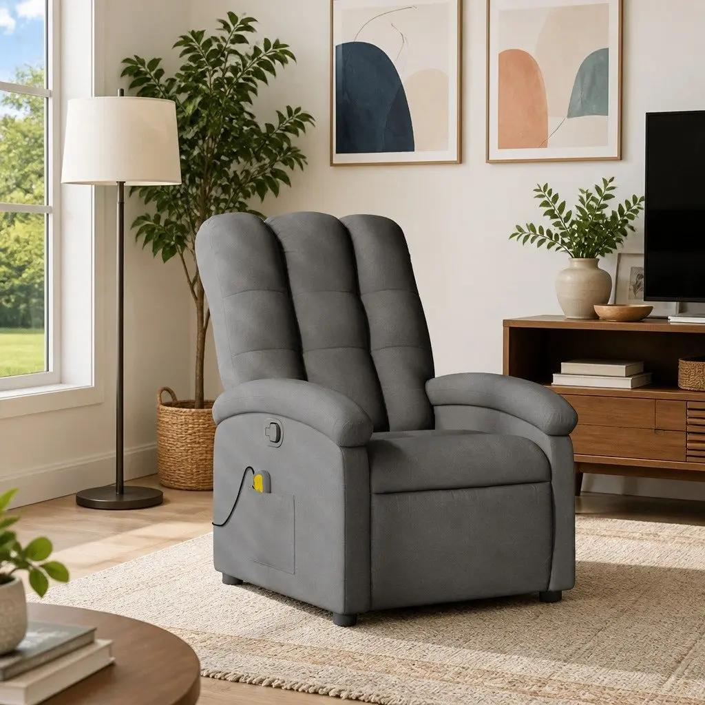 Massage Recliner Chair for Living Room Grey Fabric Manual Recline 6 Vibration Points