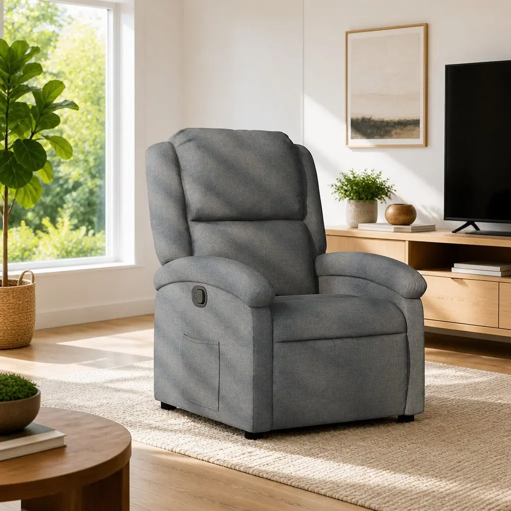 Recliner Chair Living Room Grey Fabric Manual Recline Armchair