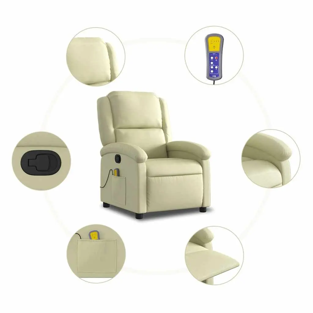 Massage Recliner Chair for Living Room Cream Real Leather Manual Recline Vibration 6 Points