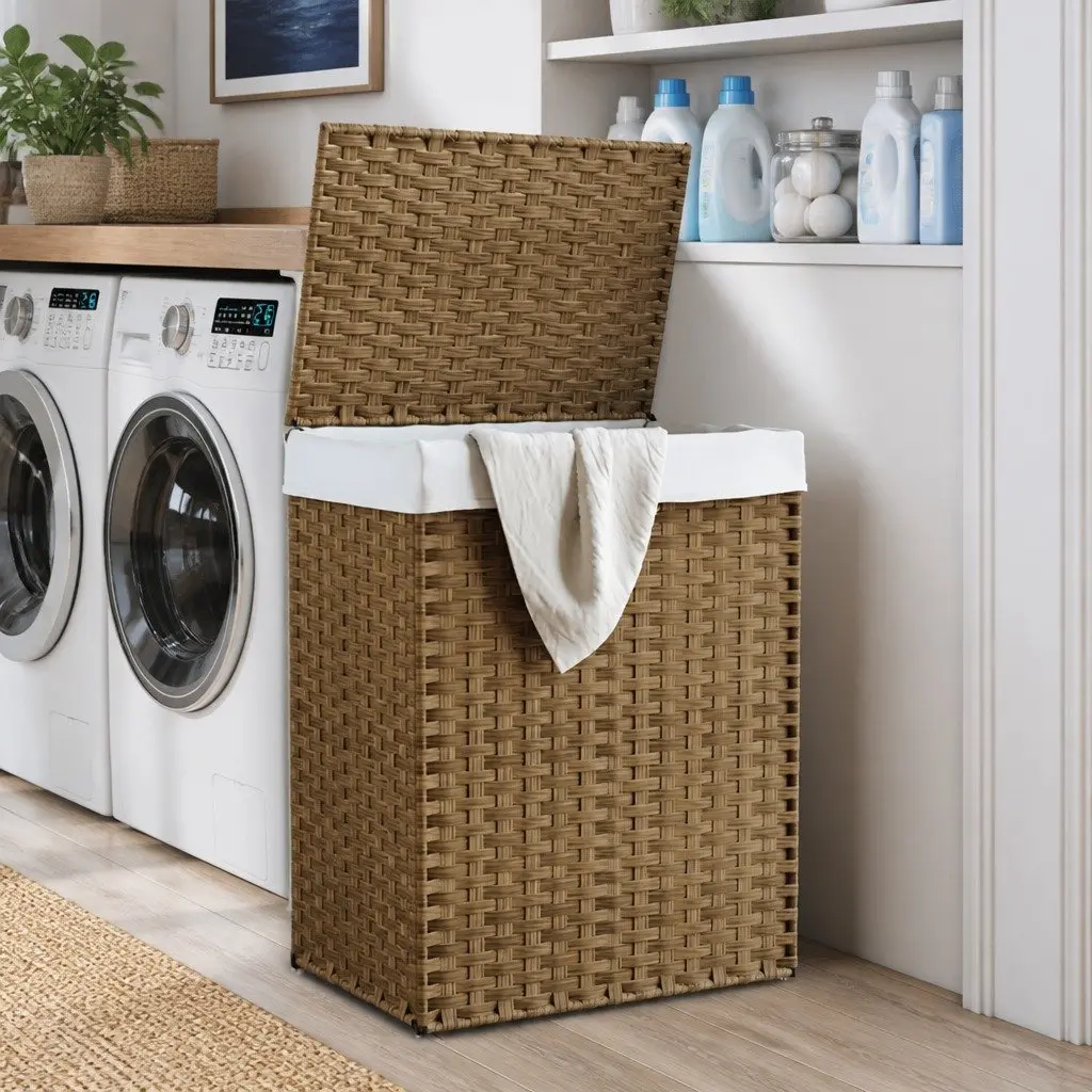 Laundry Basket with Lid, 46x33x60 cm, Brown Poly Rattan