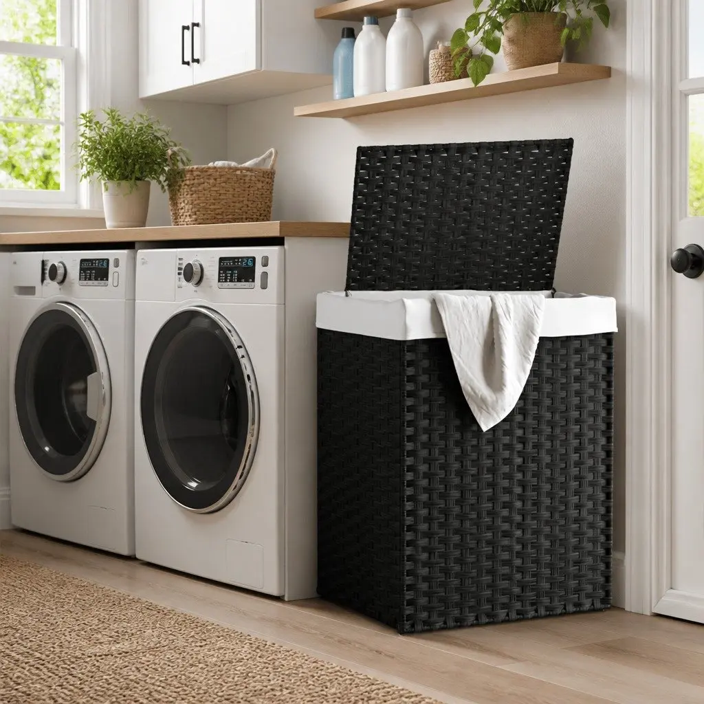 Laundry Basket with Lid for Bathroom or Laundry Room Black 46 x 33 x 60 cm Foldable Storage Hamper Removable Inner Bag