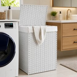 Laundry Basket with Lid: 46 x 33 x 60 cm White Poly Rattan