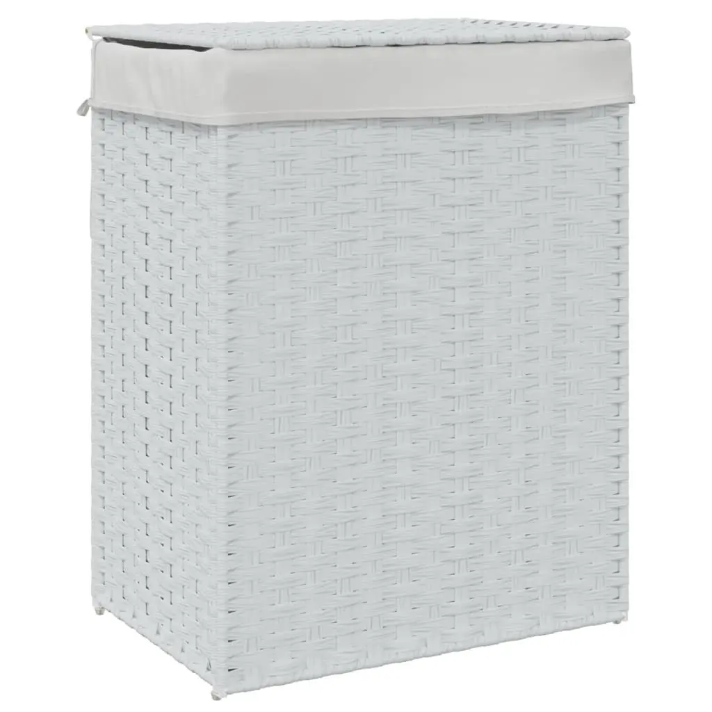 Laundry Basket with Lid for Bathroom or Laundry Room White Poly Rattan Foldable Storage Hamper 46 x 33 x 60 cm