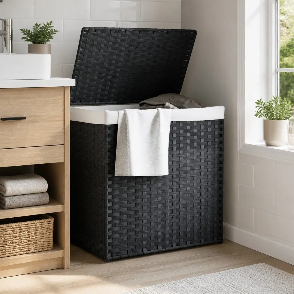 Laundry Basket for Bathroom or Laundry Room 53x35x57 cm 2 Sections Grey Poly Rattan Storage Bin with Lid