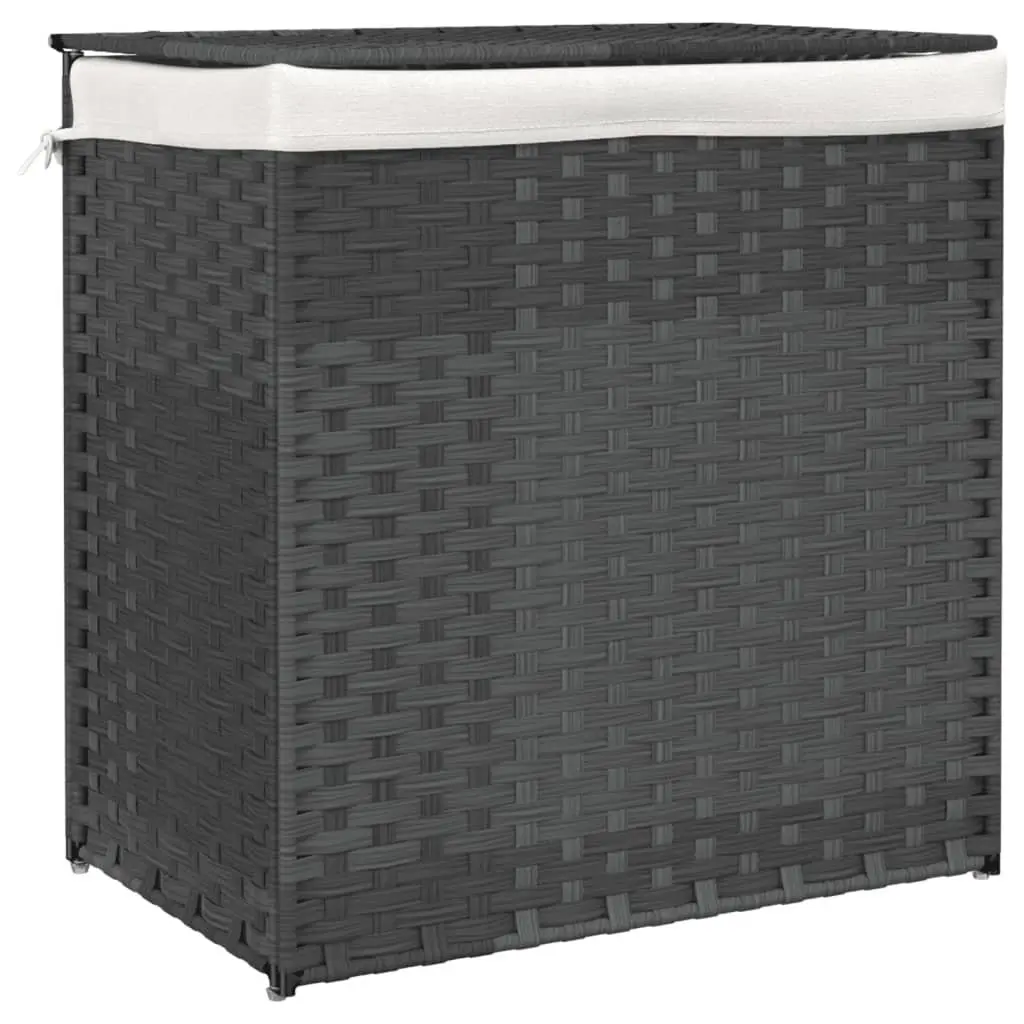 Laundry Basket for Bathroom or Laundry Room 53x35x57 cm 2 Sections Grey Poly Rattan Storage Bin with Lid