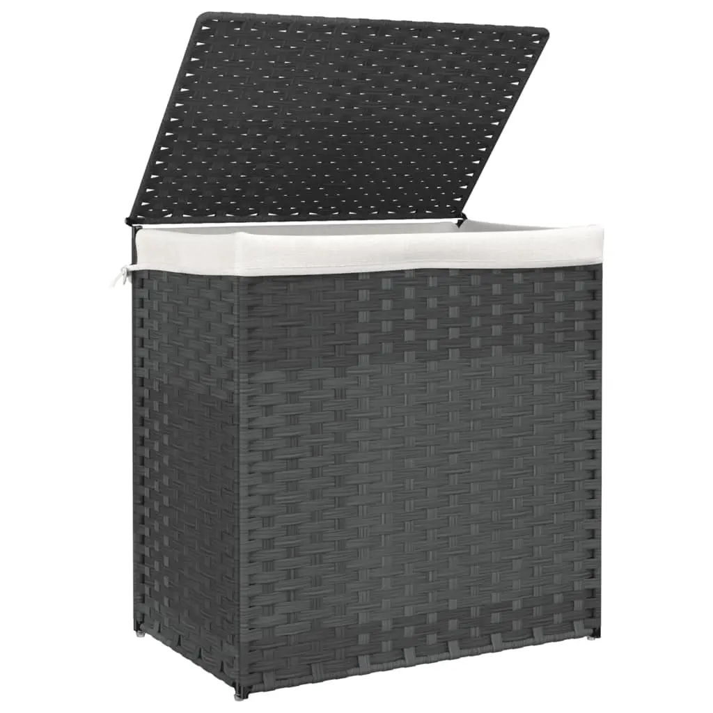 Laundry Basket for Bathroom or Laundry Room 53x35x57 cm 2 Sections Grey Poly Rattan Storage Bin with Lid