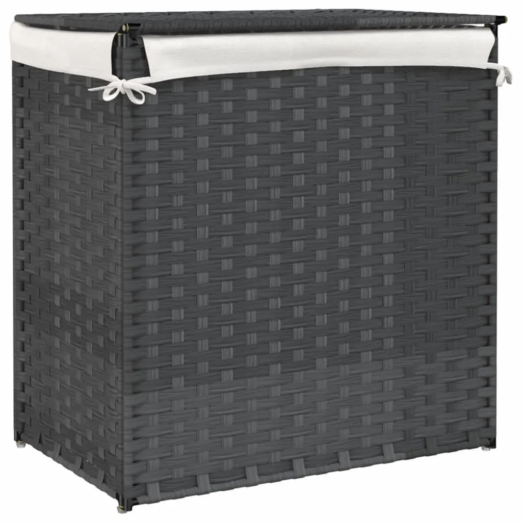Laundry Basket for Bathroom or Laundry Room 53x35x57 cm 2 Sections Grey Poly Rattan Storage Bin with Lid