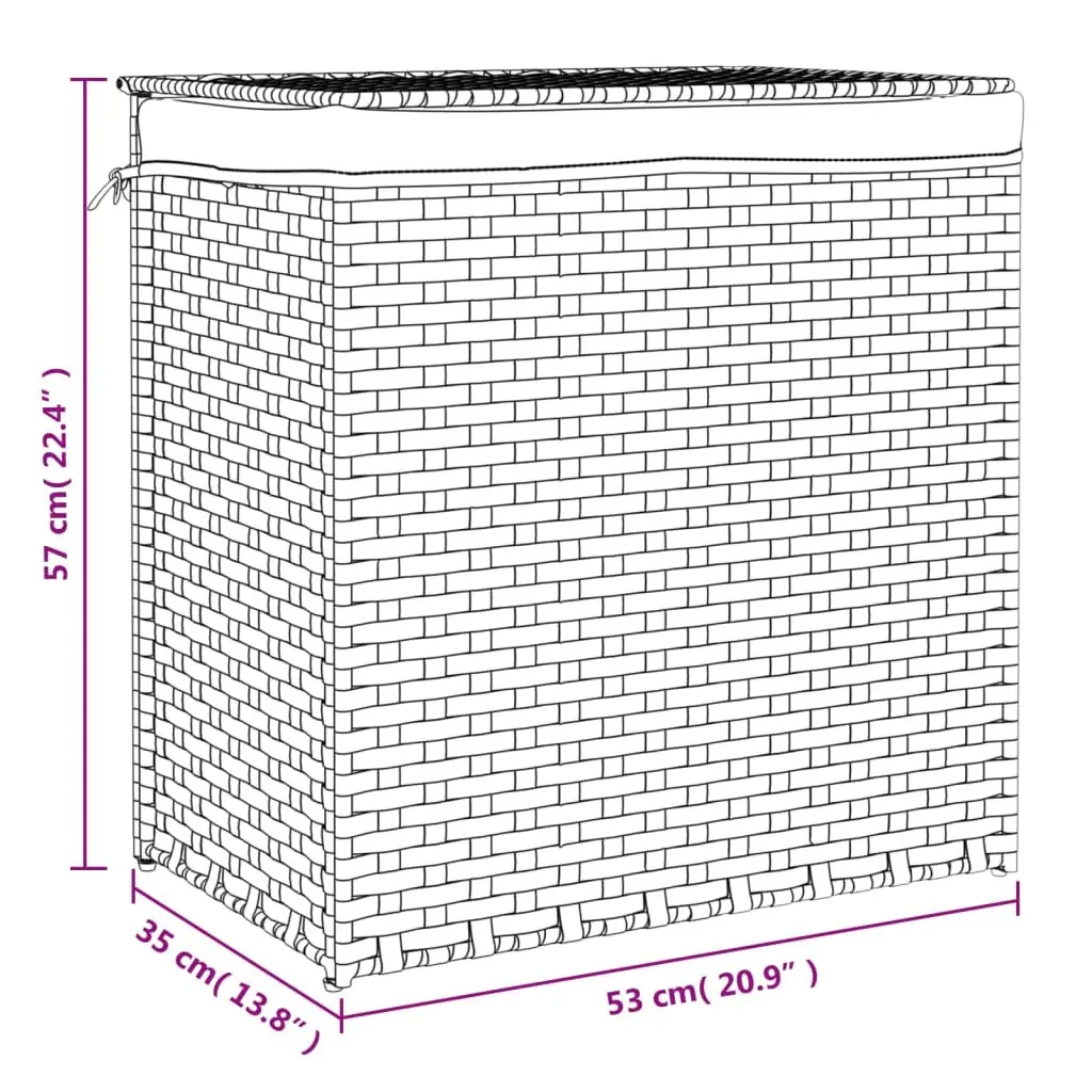 Laundry Basket for Bathroom or Laundry Room 53x35x57 cm 2 Sections Grey Poly Rattan Storage Bin with Lid