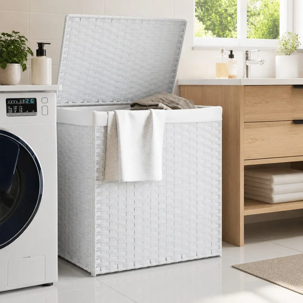 White Poly Rattan Laundry Basket with Two Compartments