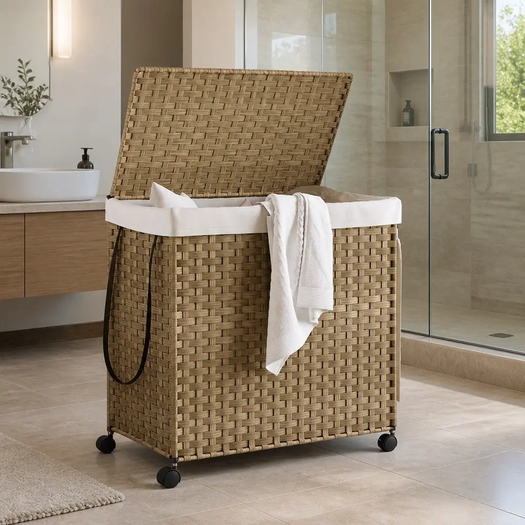 Rattan Laundry Basket with Wheels for Bathroom or Laundry Room 60x35x60.5cm 3 Compartments