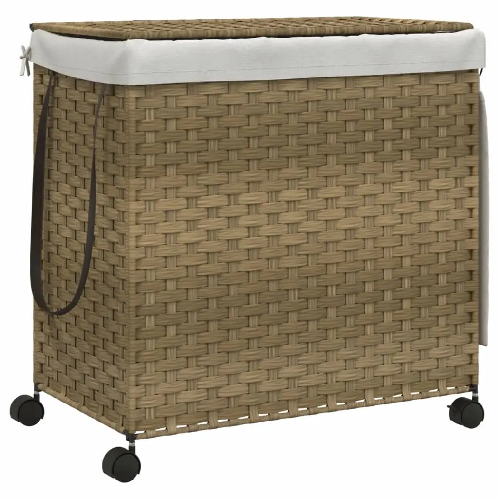 Rattan Laundry Basket with Wheels for Bathroom or Laundry Room 60x35x60.5cm 3 Compartments