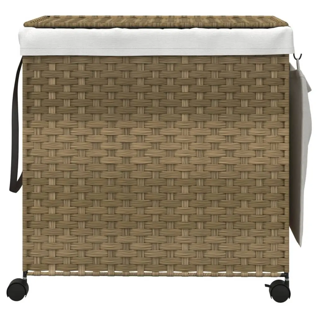 Rattan Laundry Basket with Wheels for Bathroom or Laundry Room 60x35x60.5cm 3 Compartments