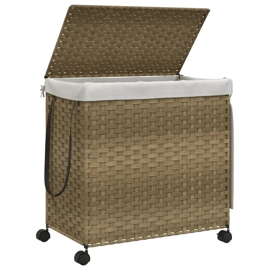 Rattan Laundry Basket with Wheels for Bathroom or Laundry Room 60x35x60.5cm 3 Compartments