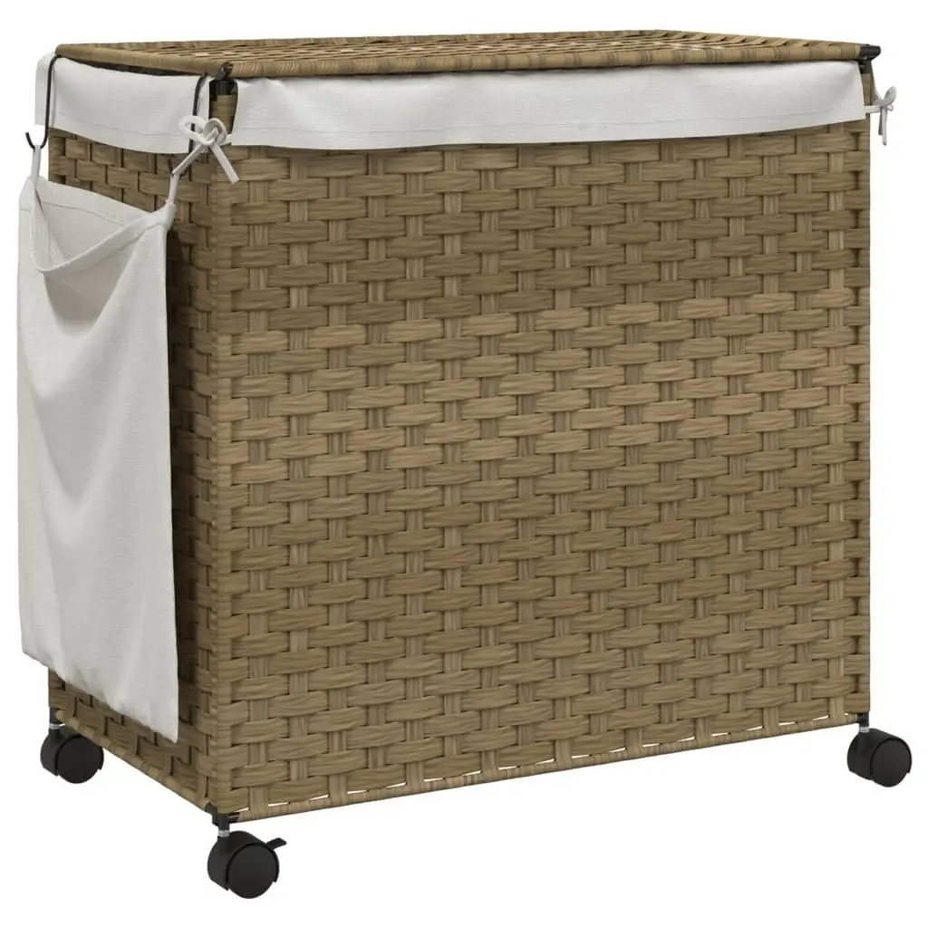 Rattan Laundry Basket with Wheels for Bathroom or Laundry Room 60x35x60.5cm 3 Compartments