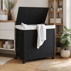 Laundry Basket with Wheels Black Rattan Hand-Woven 3 Compartments Foldable