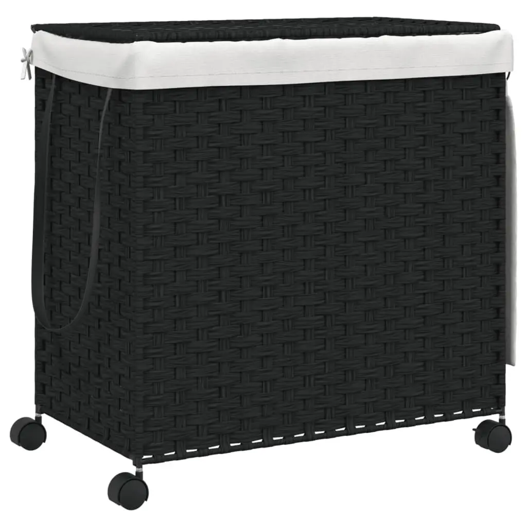 Rattan Laundry Basket with Wheels for Bathroom or Laundry Room Black 60x35x60.5cm 3 Compartments Lid