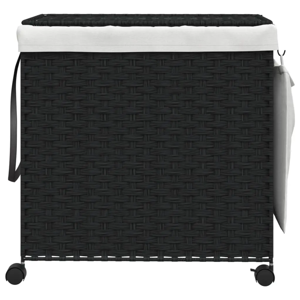 Rattan Laundry Basket with Wheels for Bathroom or Laundry Room Black 60x35x60.5cm 3 Compartments Lid