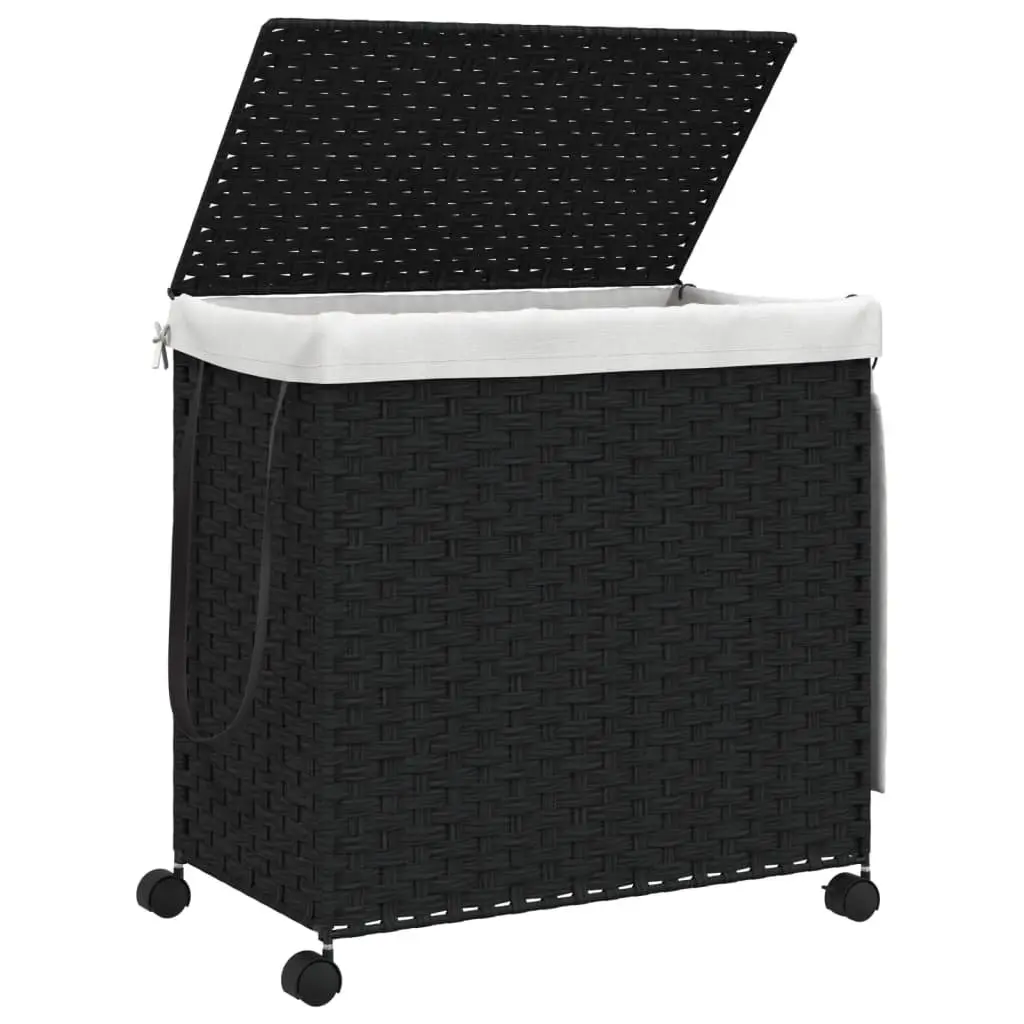 Rattan Laundry Basket with Wheels for Bathroom or Laundry Room Black 60x35x60.5cm 3 Compartments Lid