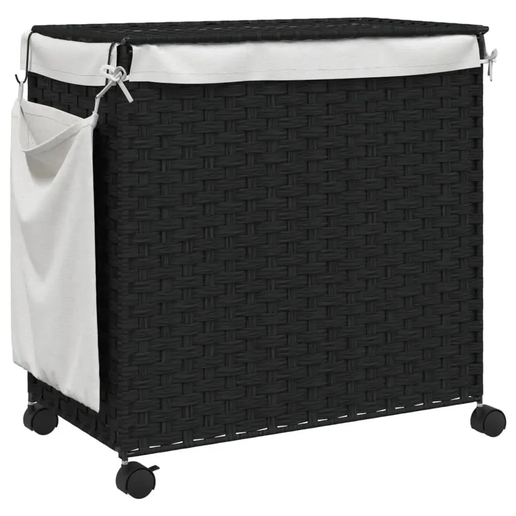 Rattan Laundry Basket with Wheels for Bathroom or Laundry Room Black 60x35x60.5cm 3 Compartments Lid