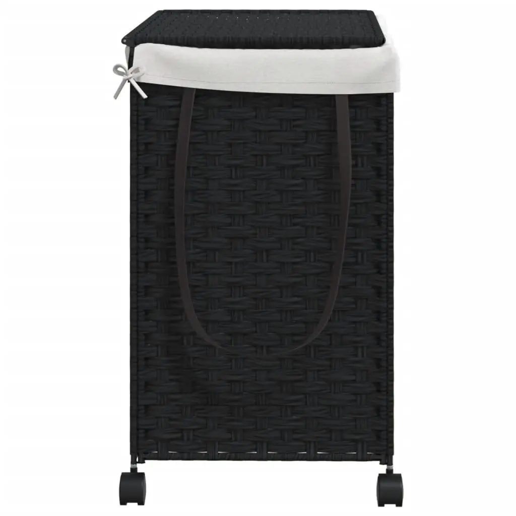 Rattan Laundry Basket with Wheels for Bathroom or Laundry Room Black 60x35x60.5cm 3 Compartments Lid