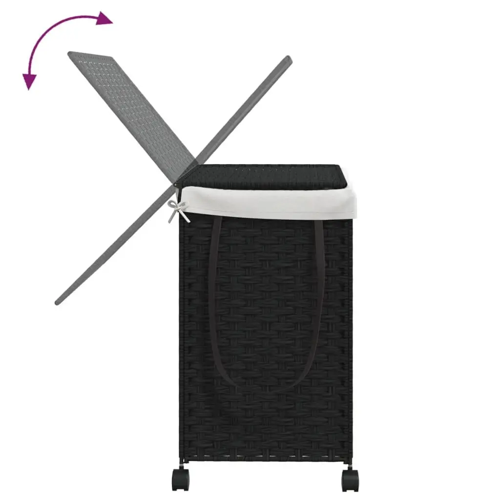 Rattan Laundry Basket with Wheels for Bathroom or Laundry Room Black 60x35x60.5cm 3 Compartments Lid