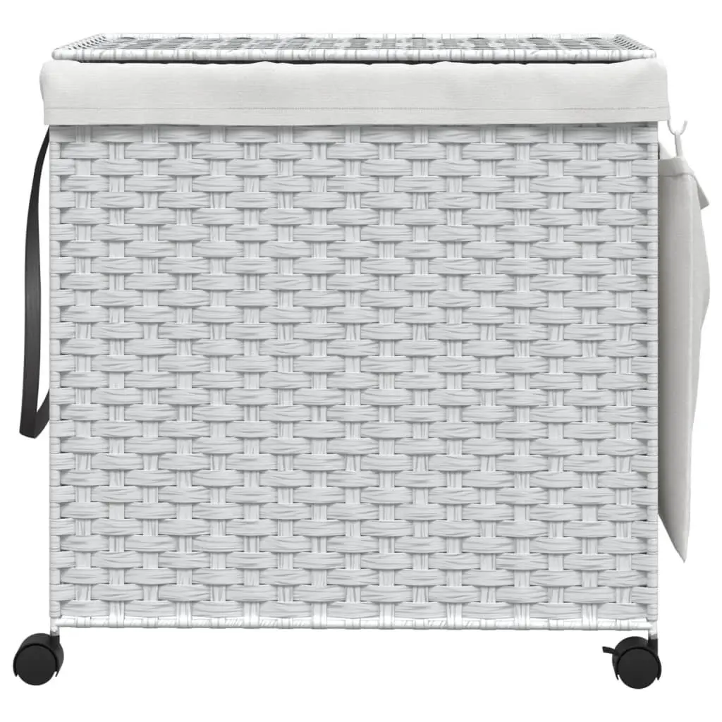 Rattan Laundry Basket with Wheels for Bathroom or Laundry Room White 60x35x60.5cm 3 Compartments