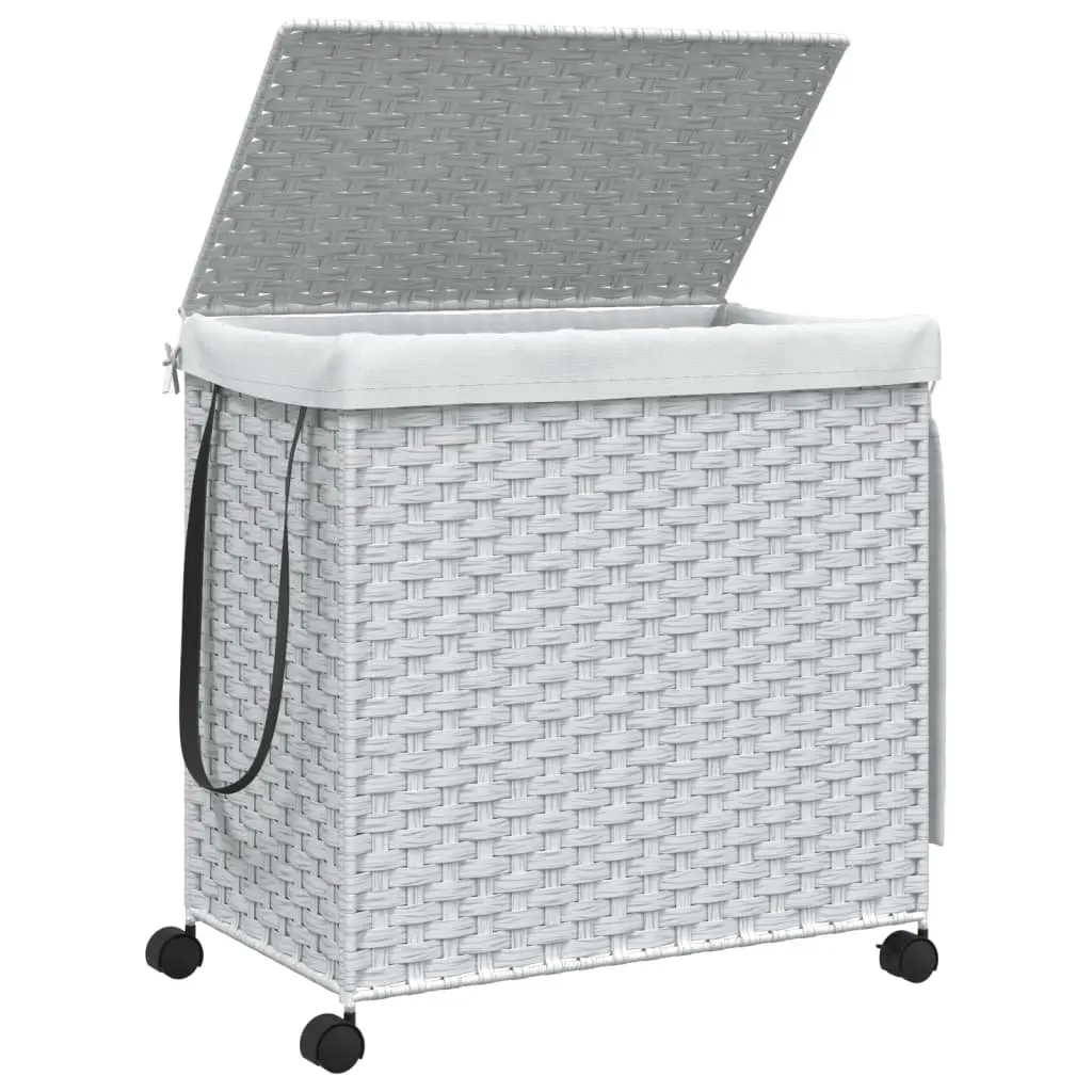 Rattan Laundry Basket with Wheels for Bathroom or Laundry Room White 60x35x60.5cm 3 Compartments
