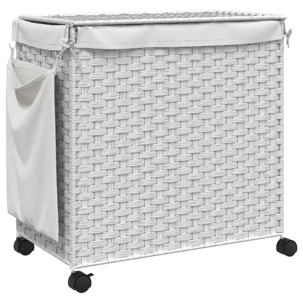 Rattan Laundry Basket with Wheels for Bathroom or Laundry Room White 60x35x60.5cm 3 Compartments