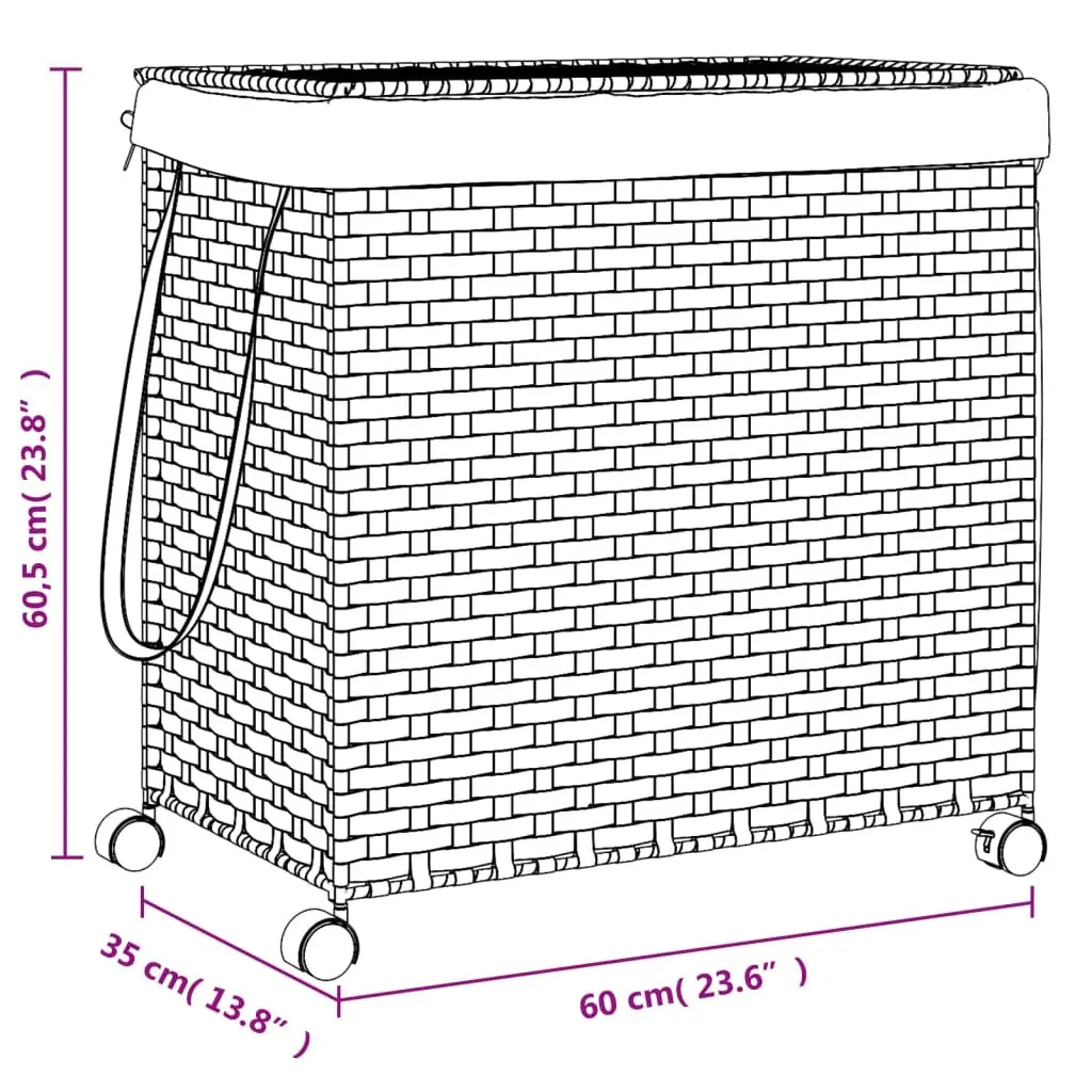 Rattan Laundry Basket with Wheels for Bathroom or Laundry Room White 60x35x60.5cm 3 Compartments