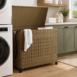 Laundry Basket with Wheels Brown Rattan Hand-Woven Storage Hamper 66x35x60cm