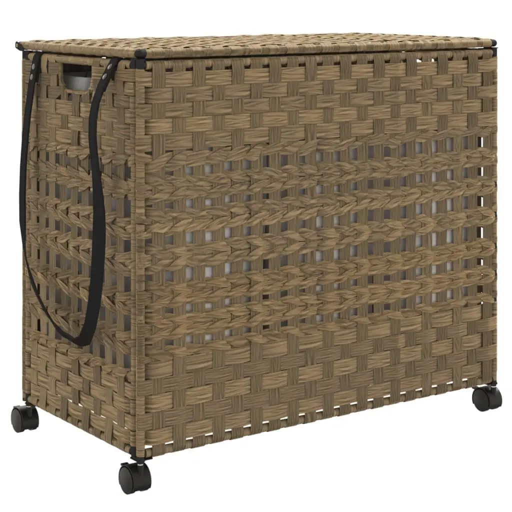 Laundry Basket with Wheels Brown Rattan Hand-Woven Storage Hamper 66x35x60cm