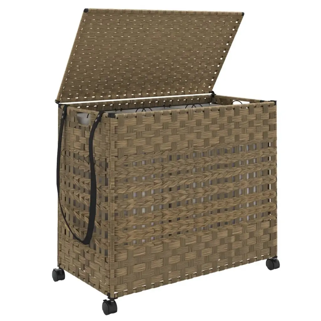 Laundry Basket with Wheels Brown Rattan Hand-Woven Storage Hamper 66x35x60cm
