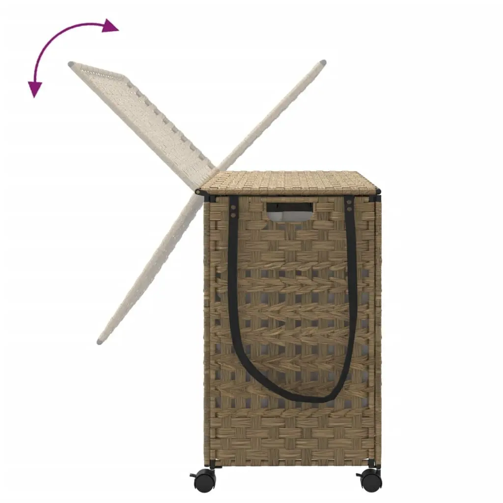 Laundry Basket with Wheels Brown Rattan Hand-Woven Storage Hamper 66x35x60cm