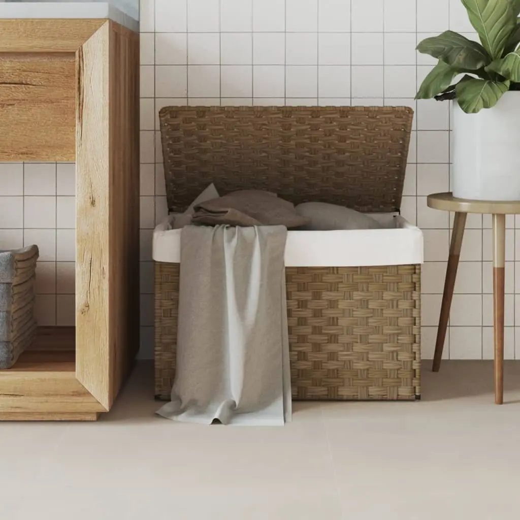 Laundry Basket with Lid for Bathroom or Laundry Room Brown Poly Rattan 55.5 x 35 x 34 cm