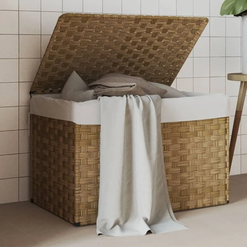 Laundry Basket with Lid for Bathroom or Laundry Room Brown Poly Rattan 55.5 x 35 x 34 cm