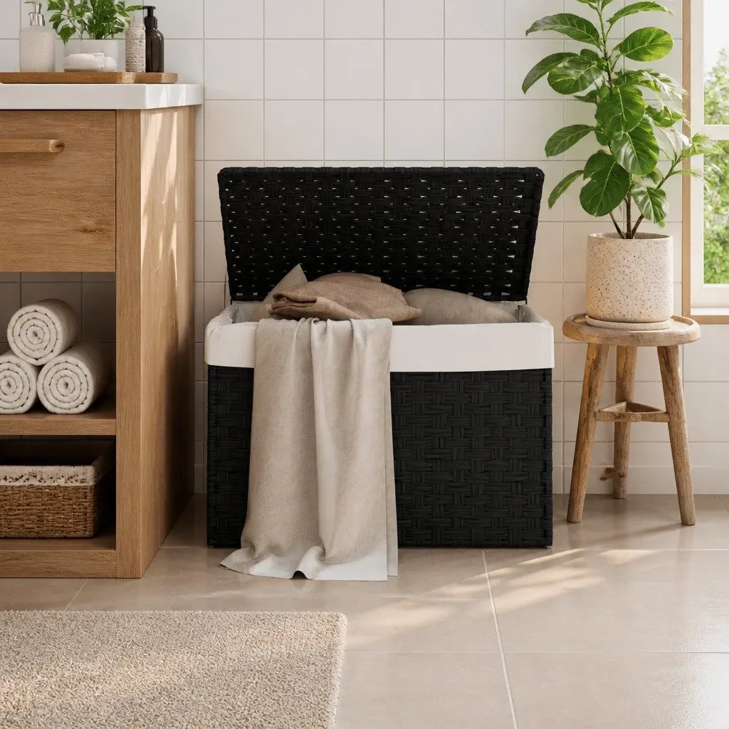 Laundry Basket 55.5x35x34cm Black Poly Rattan, Foldable