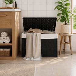 Laundry Basket with Lid Black Poly Rattan 55.5x35x34cm Foldable Storage Bin
