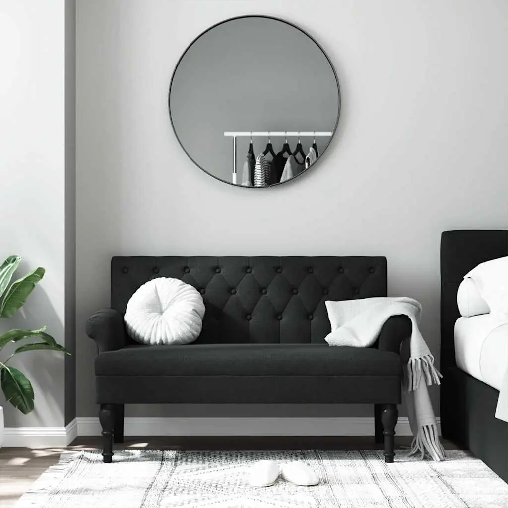 Bench with Backrest Black Fabric Padded Seat Armrests Button Tufted Design Home