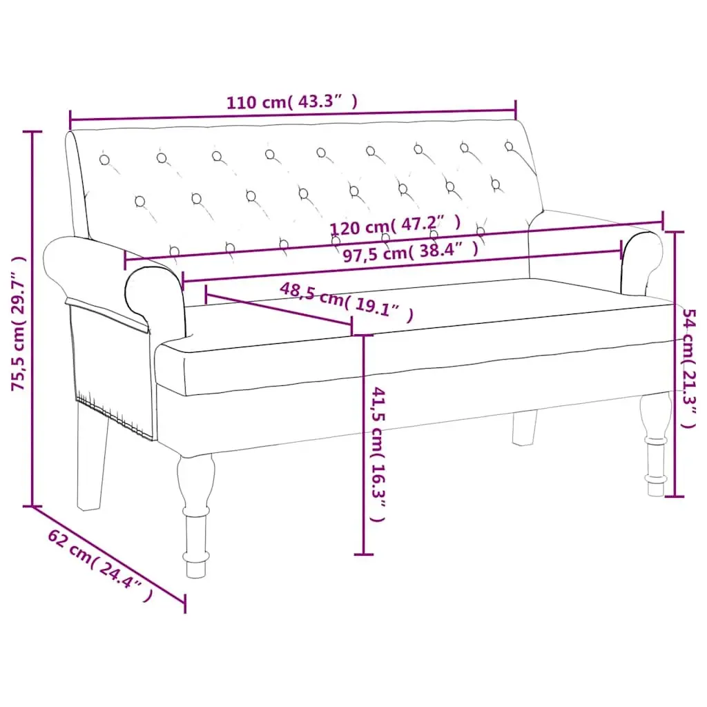 Bench with Backrest Black Fabric Padded Seat Armrests Button Tufted Design Home