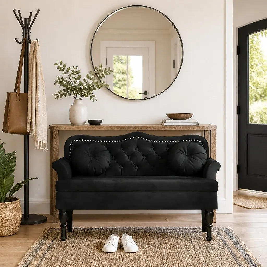 Bench with Cushions Black Velvet Seating Backrest Armrests Button Tufts Home