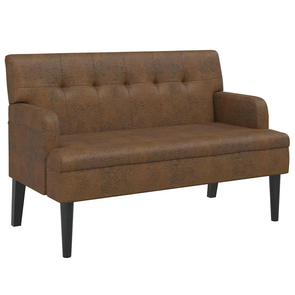 Bench for Living Room Office Seating Brown Faux Suede Leather Backrest Armrests Wooden Feet 112 x 65.5 x 75 cm