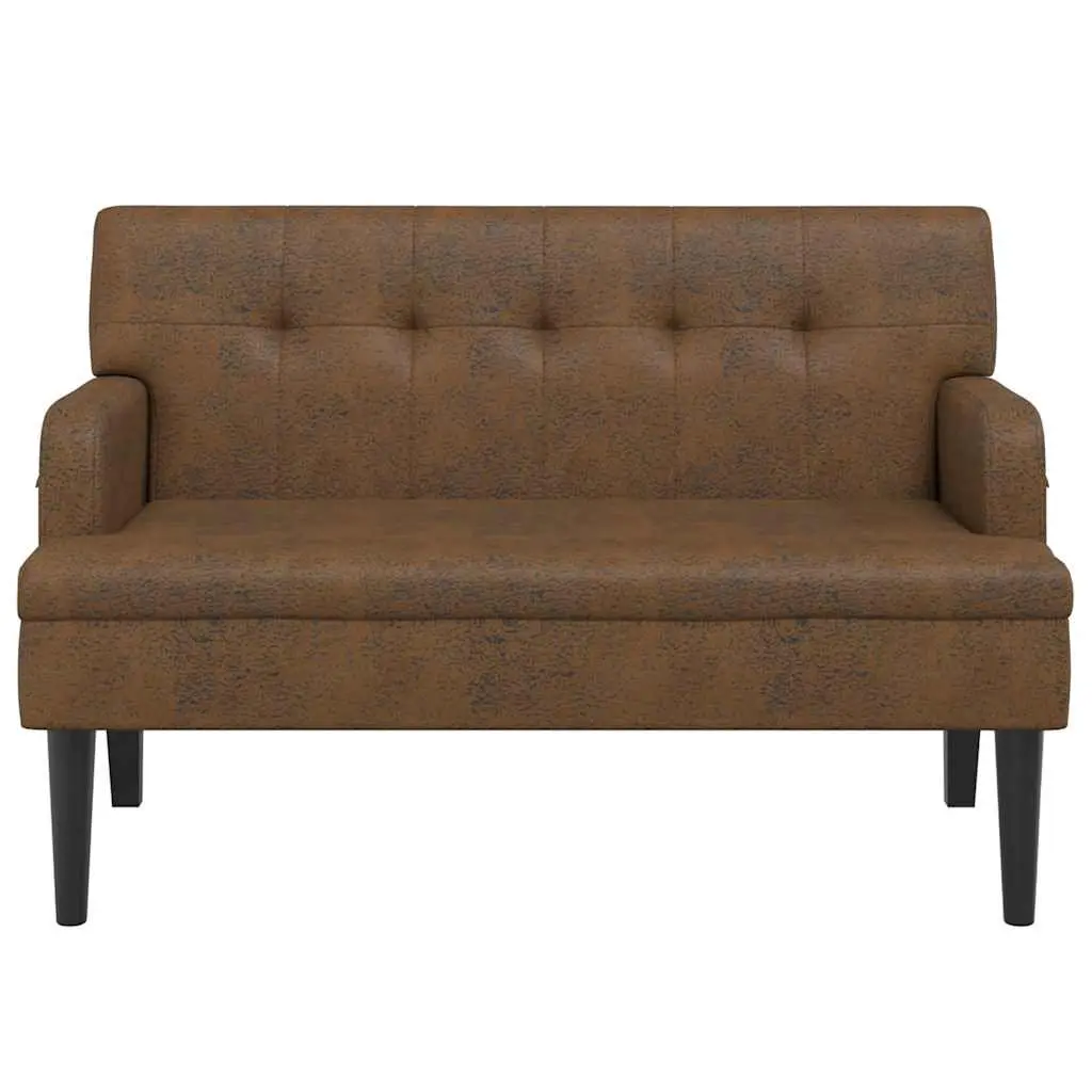Bench for Living Room Office Seating Brown Faux Suede Leather Backrest Armrests Wooden Feet 112 x 65.5 x 75 cm