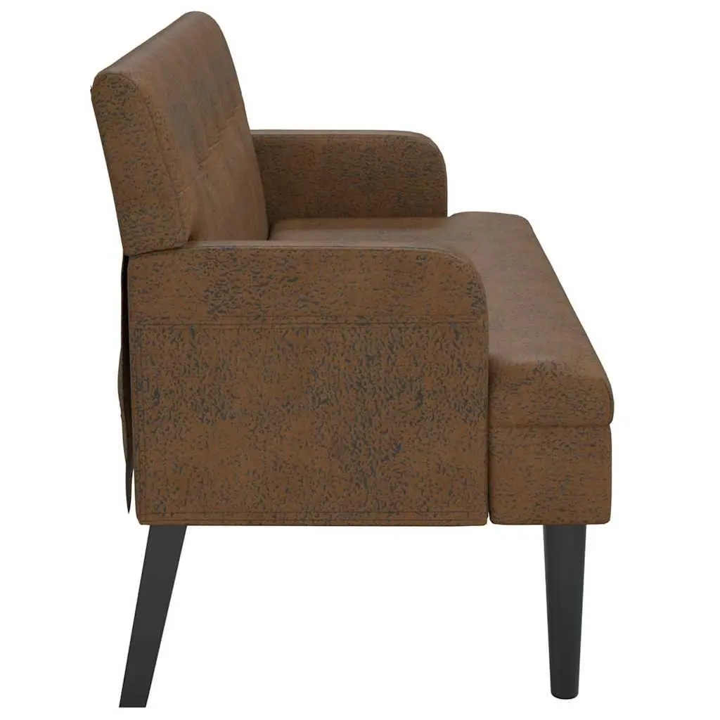 Bench for Living Room Office Seating Brown Faux Suede Leather Backrest Armrests Wooden Feet 112 x 65.5 x 75 cm