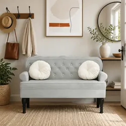 Grey Velvet Bench with Backrest: 119.5x64.5x75cm