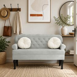 Grey Velvet Bench with Backrest: 119.5x64.5x75cm