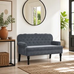 Velvet Bench with Backrest Grey Comfortable Padded Seating Elegant Wave Design