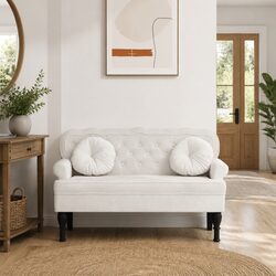Bench with Backrest Cream Velvet Seating Padded Armrests Wave Design